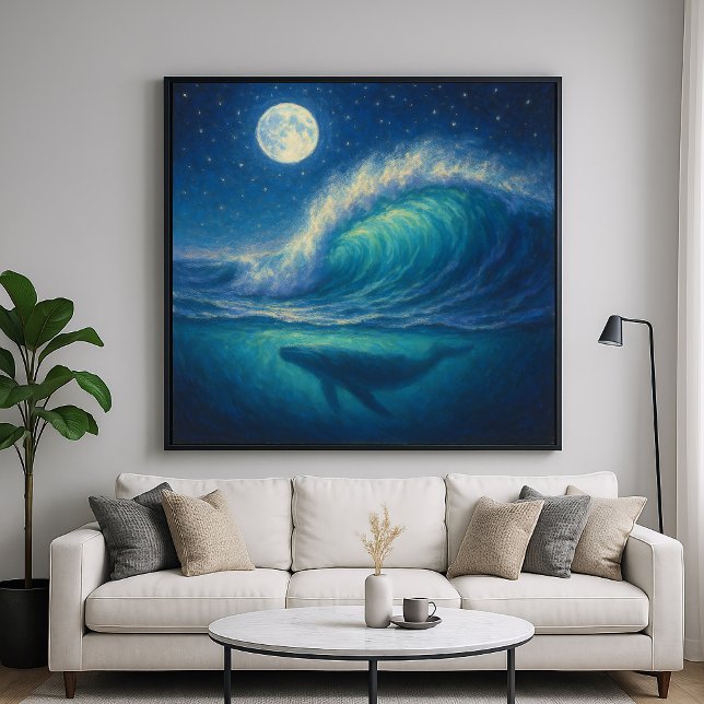 Affiche Whale Beneath Moonlit Wave - Pastel Painting Style (Créateur téléchargé)