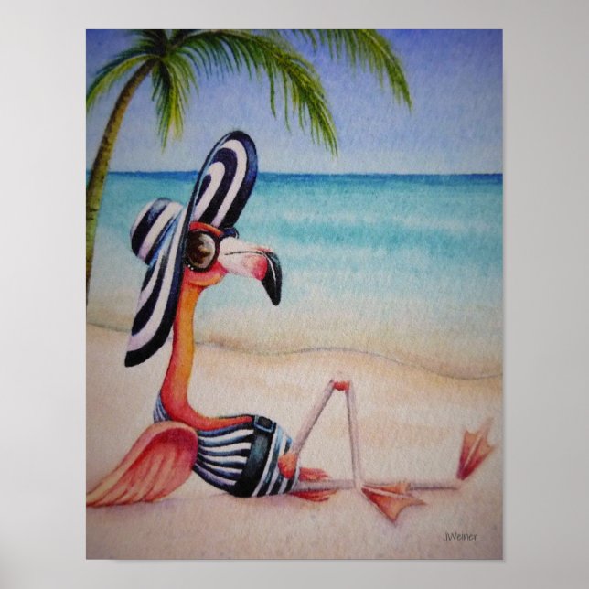 Affiche Whimsical Beach Babe Flamant rose 1 Aquarelle 11x1 (Devant)