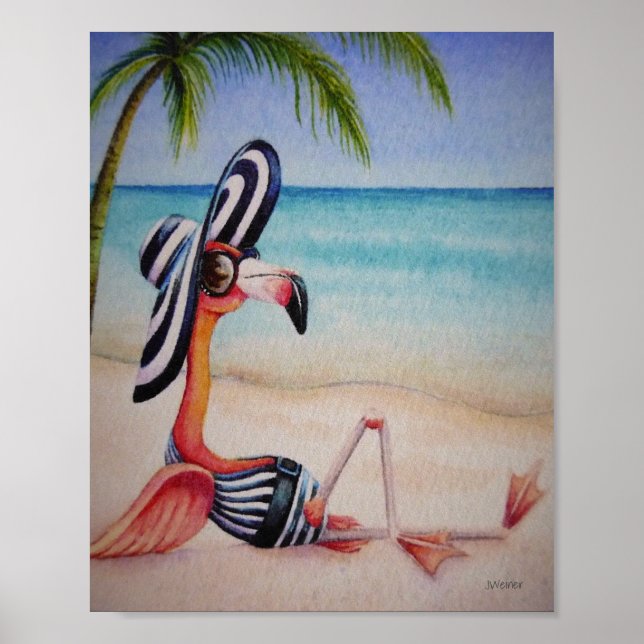 Affiche Whimsical Beach Babe Flamant rose 1 Aquarelle 8x10 (Devant)