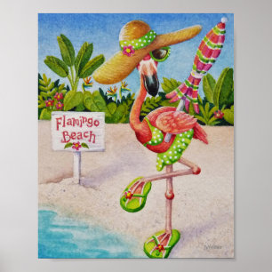 Affiche Whimsical Beach Babe Flamant rose 2 Aquarelle 8x10