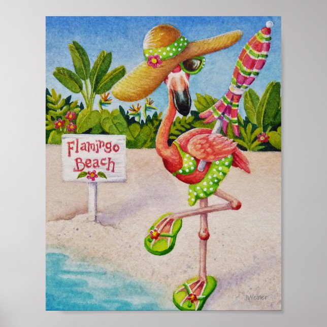 Affiche Whimsical Beach Babe Flamant rose 2 Aquarelle 8x10 (Devant)