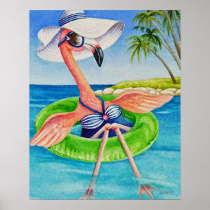 Affiche Whimsical Beach Babe Flamant rose 3 Aquarelle 16x2