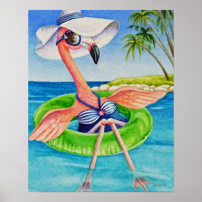 Affiche Whimsical Beach Babe Flamant rose 3 Aquarelle 16x2 (Devant)