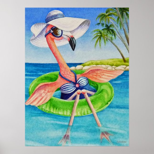 Affiche Whimsical Beach Babe Flamant rose 3 Aquarelle 18x2 (Devant)