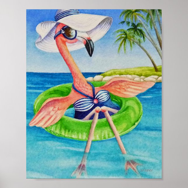Affiche Whimsical Beach Babe Flamant rose 3 Aquarelle 8x10 (Devant)