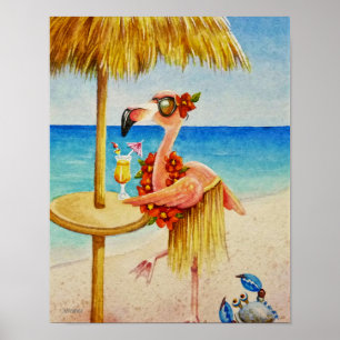 Affiche Whimsical Beach Babe Flamant rose 4 Aquarelle 11x1