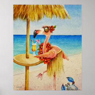 Affiche Whimsical Beach Babe Flamant rose 4 Aquarelle 16x2