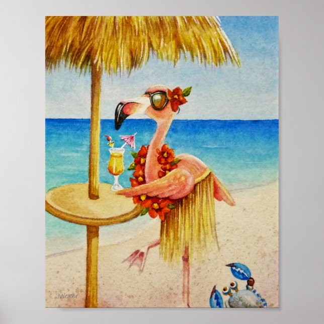 Affiche Whimsical Beach Babe Flamant rose 4 Aquarelle 8x10 (Devant)