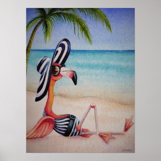Affiche Whimsical Beach Babe Flamant rose n° 1 Art 18x24 (Devant)