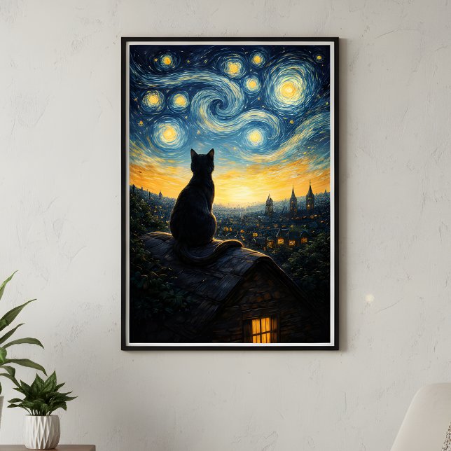 Affiche Whimsical Black Cat & Celestial Town Wall Art  (Créateur téléchargé)
