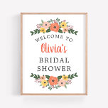 Affiche Whimsical Blush Coral Fête des mariées Florale Bie<br><div class="desc">Douche mariage d'accueil affiche / signe caractéristiques texte élégant encadré par un modèle de couronne florale d'été ou d'automne avec des fleurs colorées d'aquarelle, feuilles, et verdure dans les tons rose roux, jaune doré, corail, rouge orange, violet violet, et vert. Inclut un texte personnalisé élégant qui peut être personnalisé avec...</div>