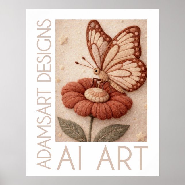 Affiche Whimsical Butterfly on Flower Vintage Felt Art (Devant)
