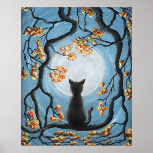 Affiche Whimsical Cat à Tree Full Moon Painting