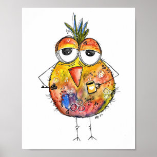 Affiche Whimsical Colorful Bird Boire Café