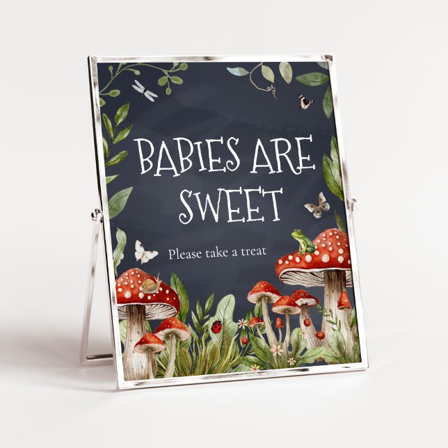 Affiche Whimsical Enchanted Champignons Baby sont doux (Rustic Mushroom Baby Shower Babies are Sweet Sign)