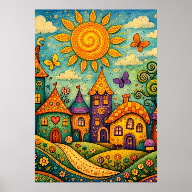 Affiche Whimsical Fairy Tale Village Colorful Canvas Art (Devant)