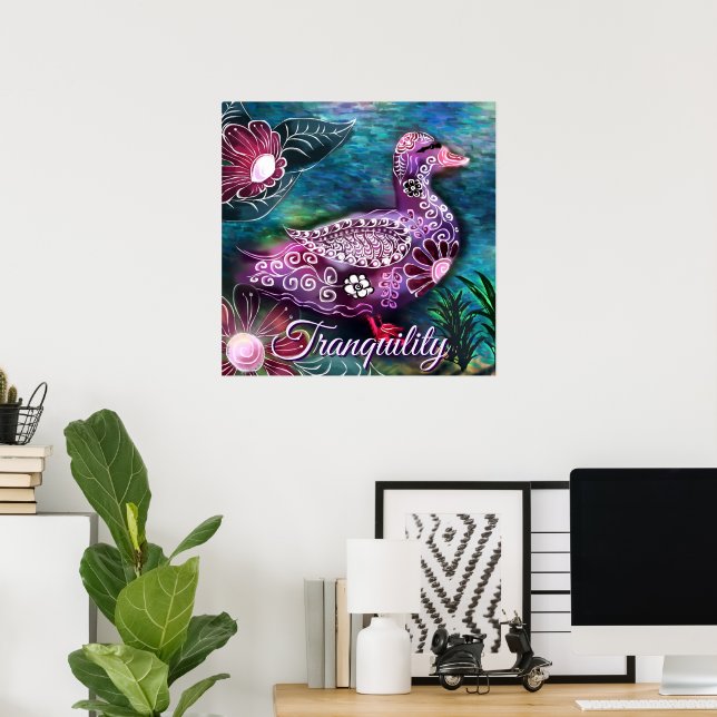 Affiche Whimsical Floral Duck Purple Teal Personalized (Bureau à domicile)