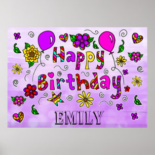 Affiche Whimsical Folk Art Joyeux anniversaire