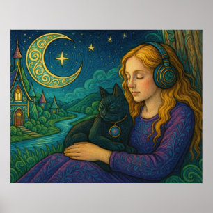 Affiche Whimsical Girl with Black Cat Under Crescent Moon