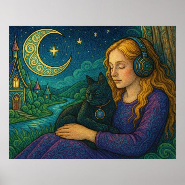 Affiche Whimsical Girl with Black Cat Under Crescent Moon (Devant)