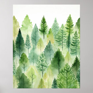 Affiche Whimsical Green Forest Trees Woodland Nursery Art