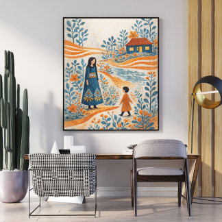 Affiche Whimsical Mother and Child Folk Art Illustration