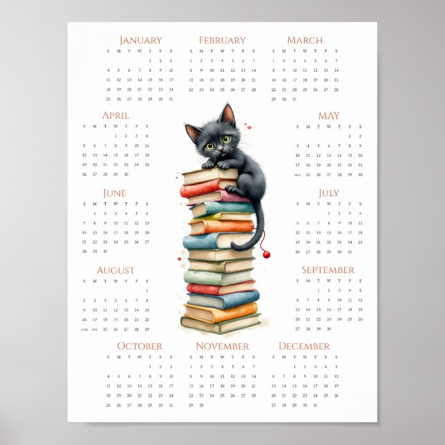 Affiche Whimsical One-Page 2026 Cat & Book Stack Calendar (Devant)