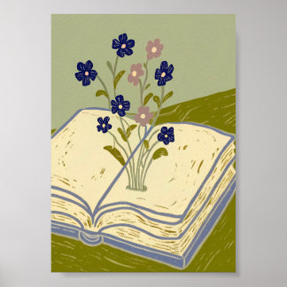 Affiche Whimsical Open Book with Wildflowers Illustration 