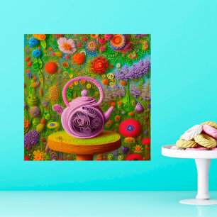 Affiche Whimsical Quilled Teapot Landscape