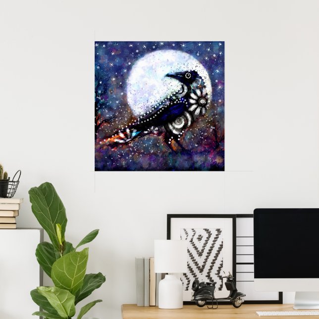 Affiche Whimsical Raven Lune Floral Noir Blanc Bleu (Bureau à domicile)
