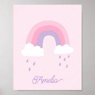 Affiche Whimsical rose violet arc-en-ciel nuages Rainy Nom