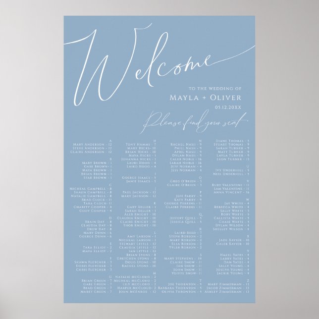 Affiche Whimsical Script | Dusty Blue Alphabetical Seating (Devant)