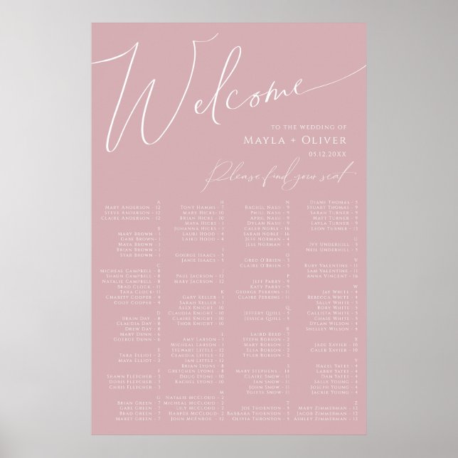 Affiche Whimsical Script | Dusty Rose Alphabetical Seating (Devant)