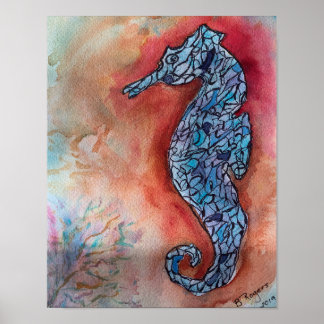 Affiche Whimsical Seahorse sur Arrière - plan d'aquarelle