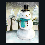 Affiche Whimsical Snowman in Winter Christmas Drawing<br><div class="desc">A poster with a cute drawing featuring a snowman wearing a cool top hat and scarf. The background has a line of whimsical snow-covered pine trees.</div>