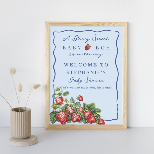 Affiche Whimsical Strawberry Blue Baby Shower Welcome Sign (Créateur téléchargé)