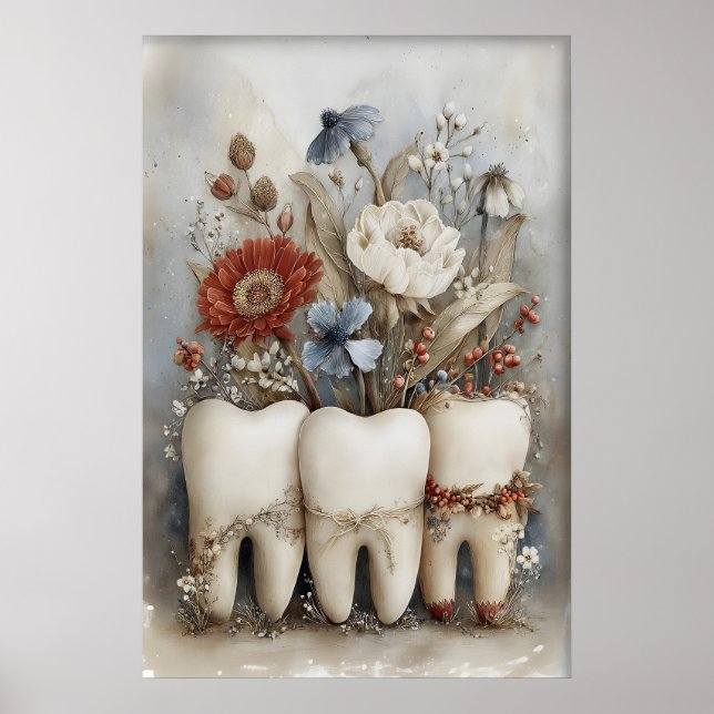 Affiche Whimsical Three Teeth Print, Floral Tooth Nursery (Devant)