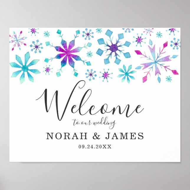 Affiche Whimsical Turquoise Violet Mariage d'hiver Bienven (Devant)