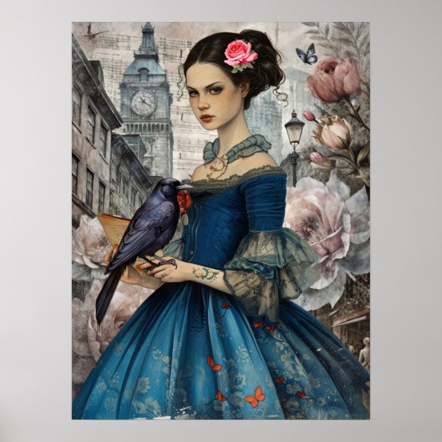 Affiche Whimsical Victorian Gothic Girl & Florals Londres (Devant)