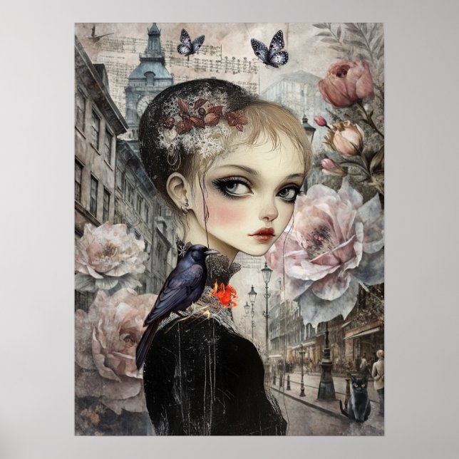 Affiche Whimsical Victorian Gothic Girl & Florals Londres (Devant)