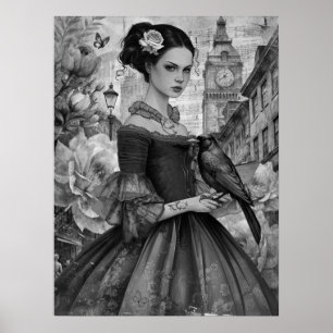 Affiche Whimsical Victorian Gothic Girl & Florals Londres