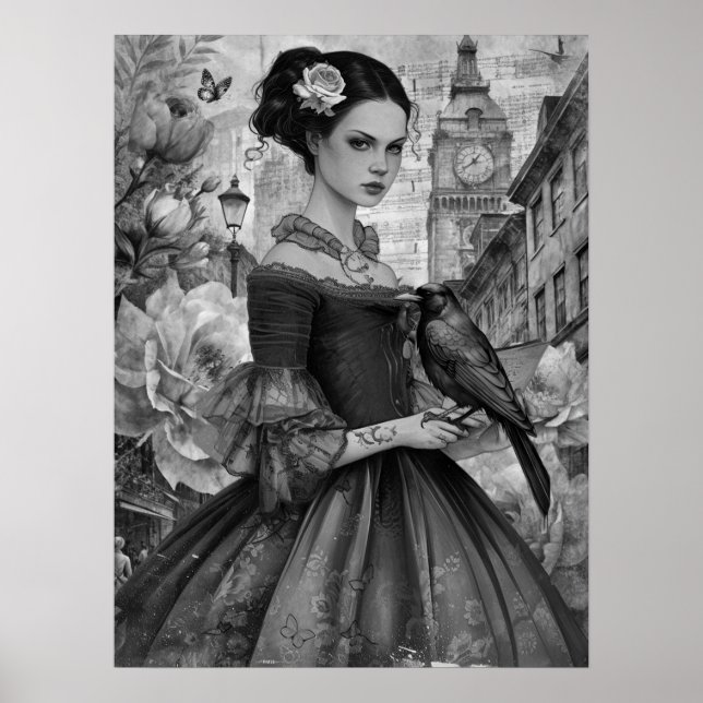 Affiche Whimsical Victorian Gothic Girl & Florals Londres (Devant)