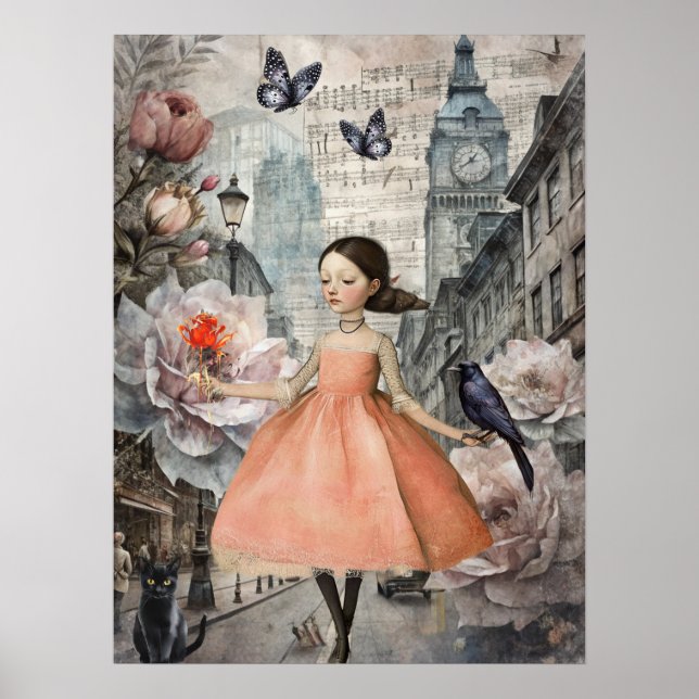 Affiche Whimsical Victorian Gothic Girl & Florals Londres (Devant)