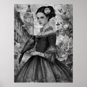 Affiche Whimsical Victorian Gothic Girl & Florals Londres