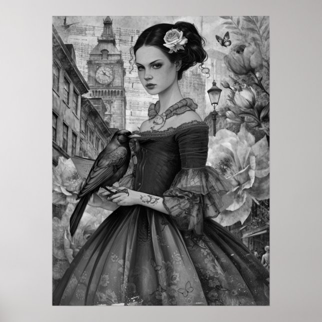 Affiche Whimsical Victorian Gothic Girl & Florals Londres (Devant)