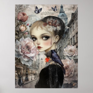 Affiche Whimsical Victorian Gothic Girl & Florals Londres