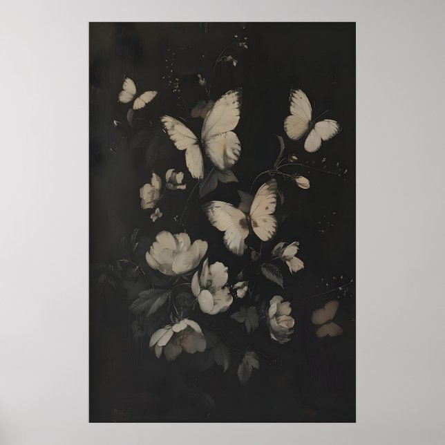 Affiche Whimsical White Butterflies and Flowers Dark (Devant)