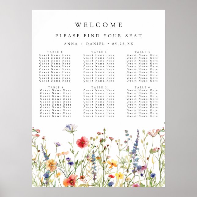 Affiche Whimsical Wildflower Wedding Seating Chart (Devant)