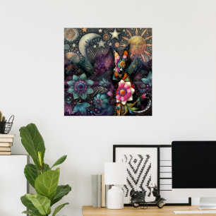 Affiche Whimssal sud-ouest Coyote animal Floral Sun Moon