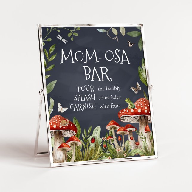 Affiche Whimssanted Forêt Enchantée Champignons Maman Osa  (Rustic Mushroom Baby Shower Mom Osa Bar Sign)